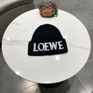 LOEWE Wool Beanie Hat Unisex Black Knit Winter Cap Logo Embroidered Warm Gift